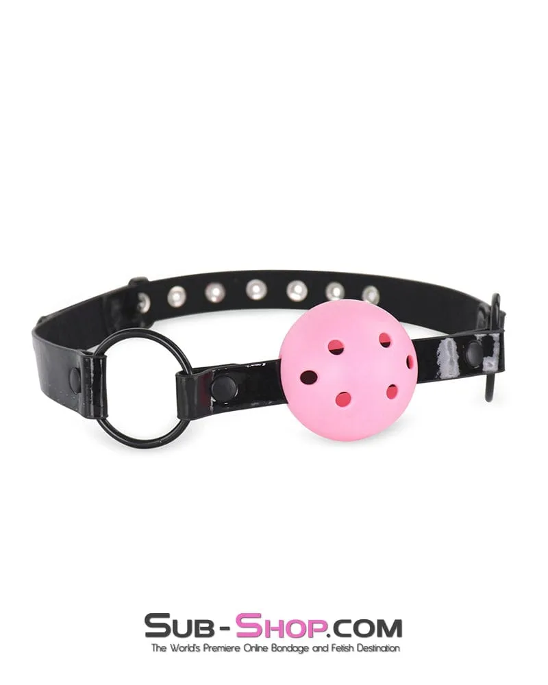 1530DL  Pink Breather Ball Gag on Black Patent Vegan Leather Strap