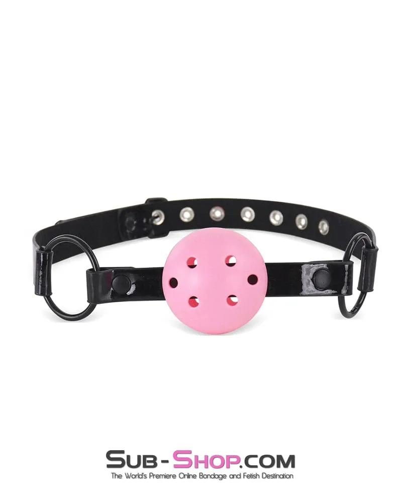 1530DL  Pink Breather Ball Gag on Black Patent Vegan Leather Strap