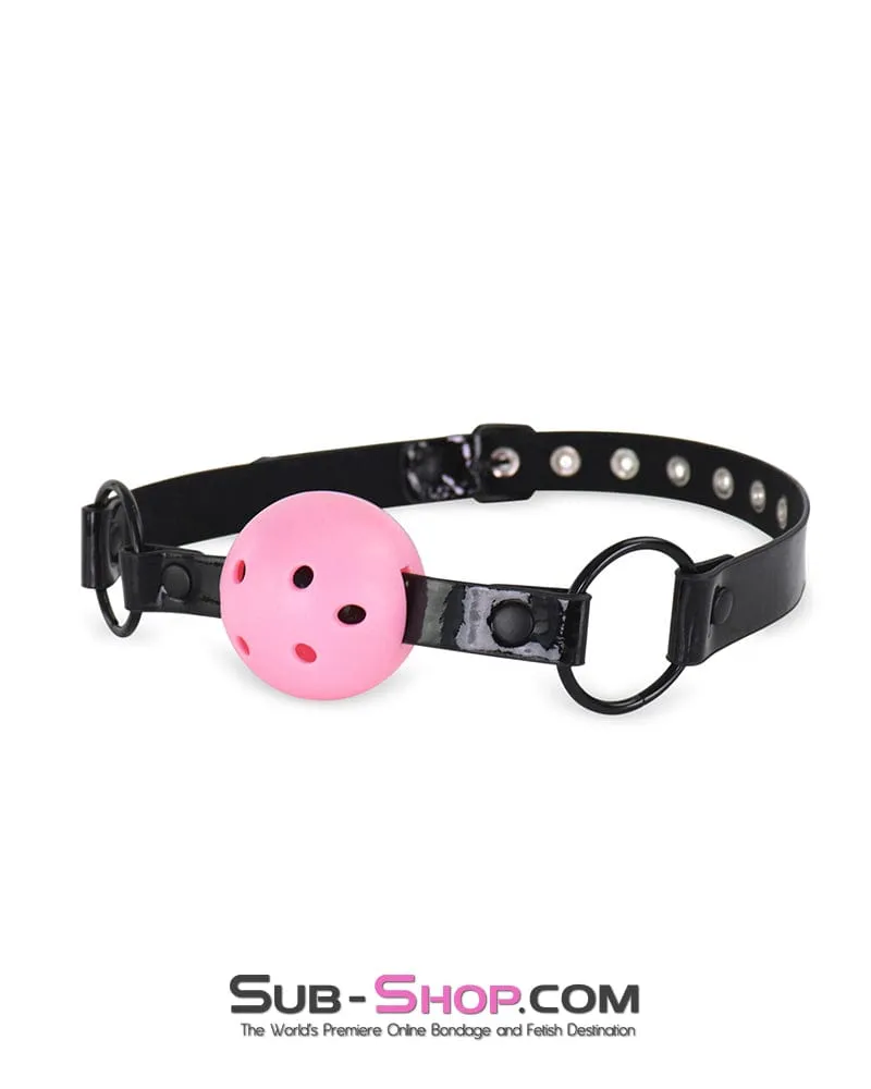 1530DL  Pink Breather Ball Gag on Black Patent Vegan Leather Strap