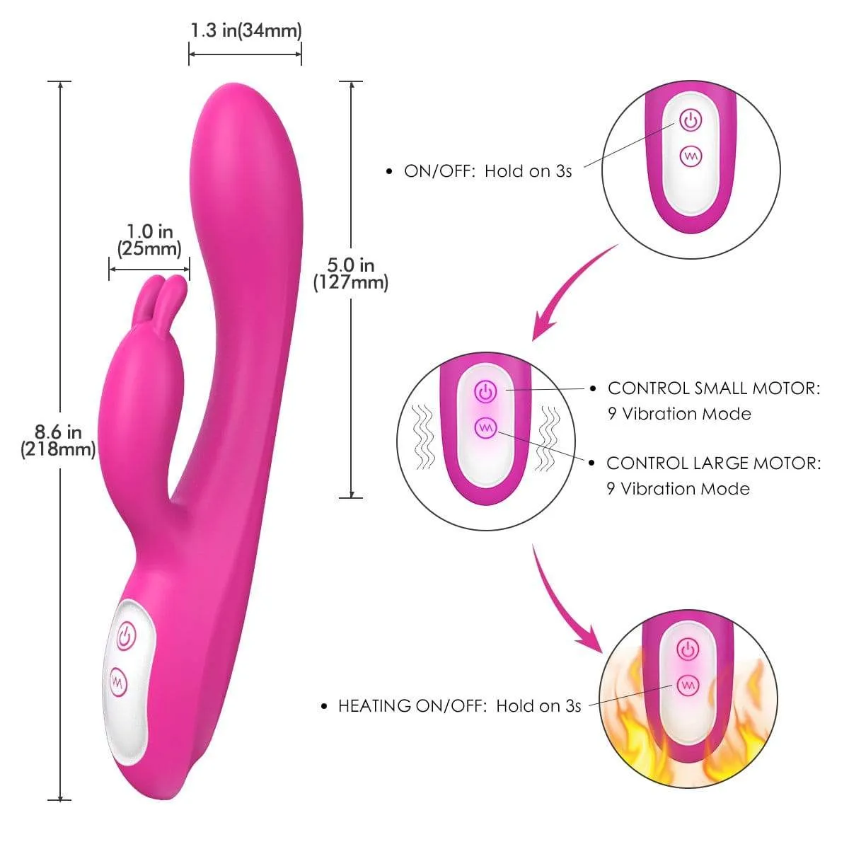 9 Vibration Modes 8.6 in G-spot 2 Motors 107.6 °F Heating Vibrators