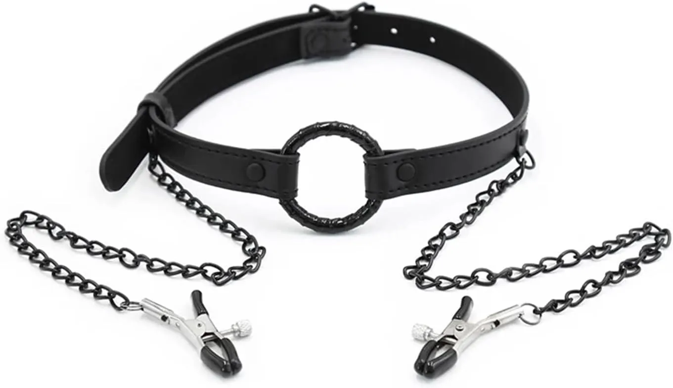 Come Closer Open Mouth Gag With Nipple Clamp | With Chain | Adjustable