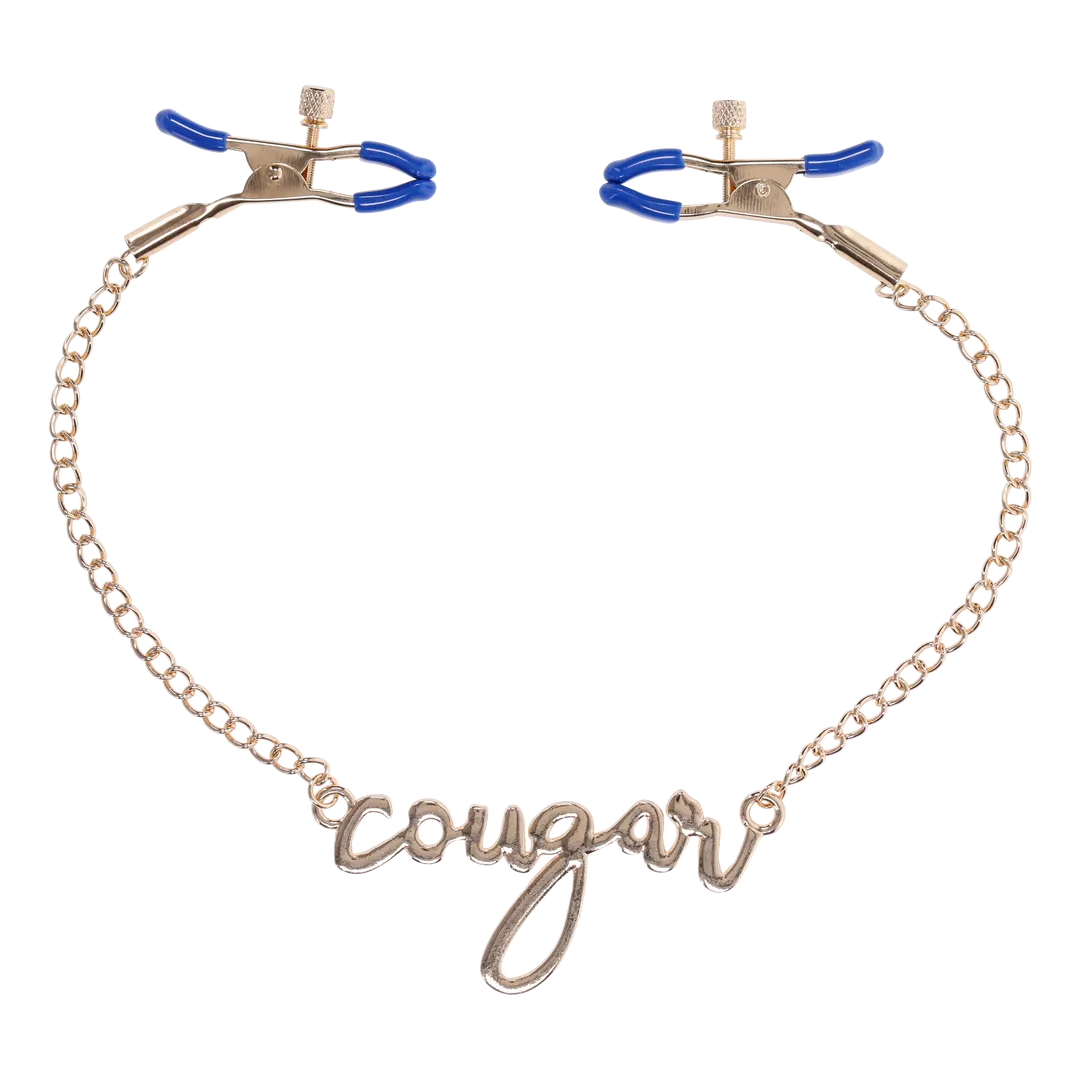 Cougar Nipple Clamps with Gold Chain and 'Cougar' Pendant