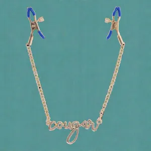 Cougar Nipple Clamps with Gold Chain and 'Cougar' Pendant