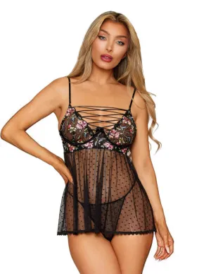 Floral Embroidery Lace Up Top Pin Dot Mesh Babydoll