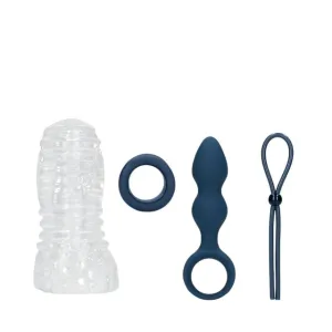 Kit LOVELINE (S)Explore Toy Kit For Him. cutie cadou cu inel de penis. plug anal. masturbator și curea pentru testicule. albastru