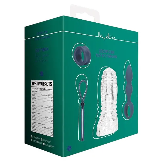 Kit LOVELINE (S)Explore Toy Kit For Him. cutie cadou cu inel de penis. plug anal. masturbator și curea pentru testicule. albastru