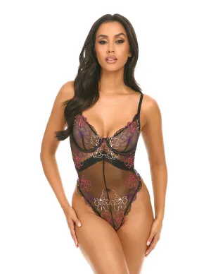 Leanna Underwire Satin & Orchid Embroidery Teddy