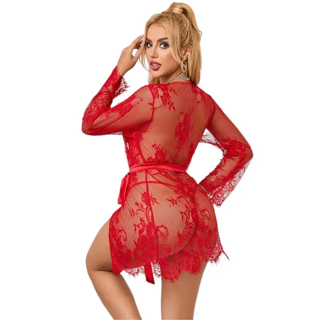 Lenjerie set 2 piese Subblime rosu 953775. model cu halat cu dantela si chilot tanga. marime S/M