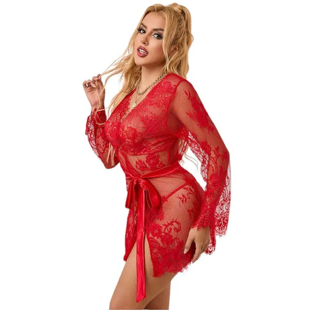 Lenjerie set 2 piese Subblime rosu 953775. model cu halat cu dantela si chilot tanga. marime S/M