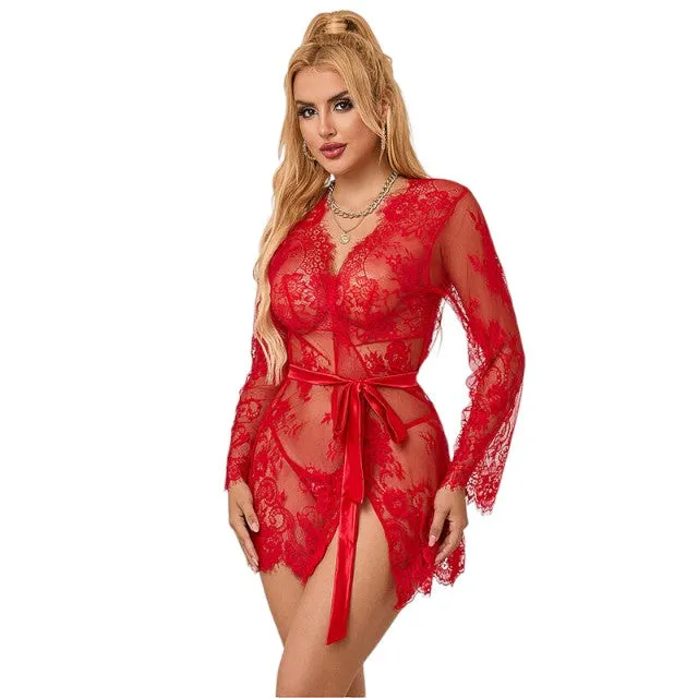 Lenjerie set 2 piese Subblime rosu 953775. model cu halat cu dantela si chilot tanga. marime S/M