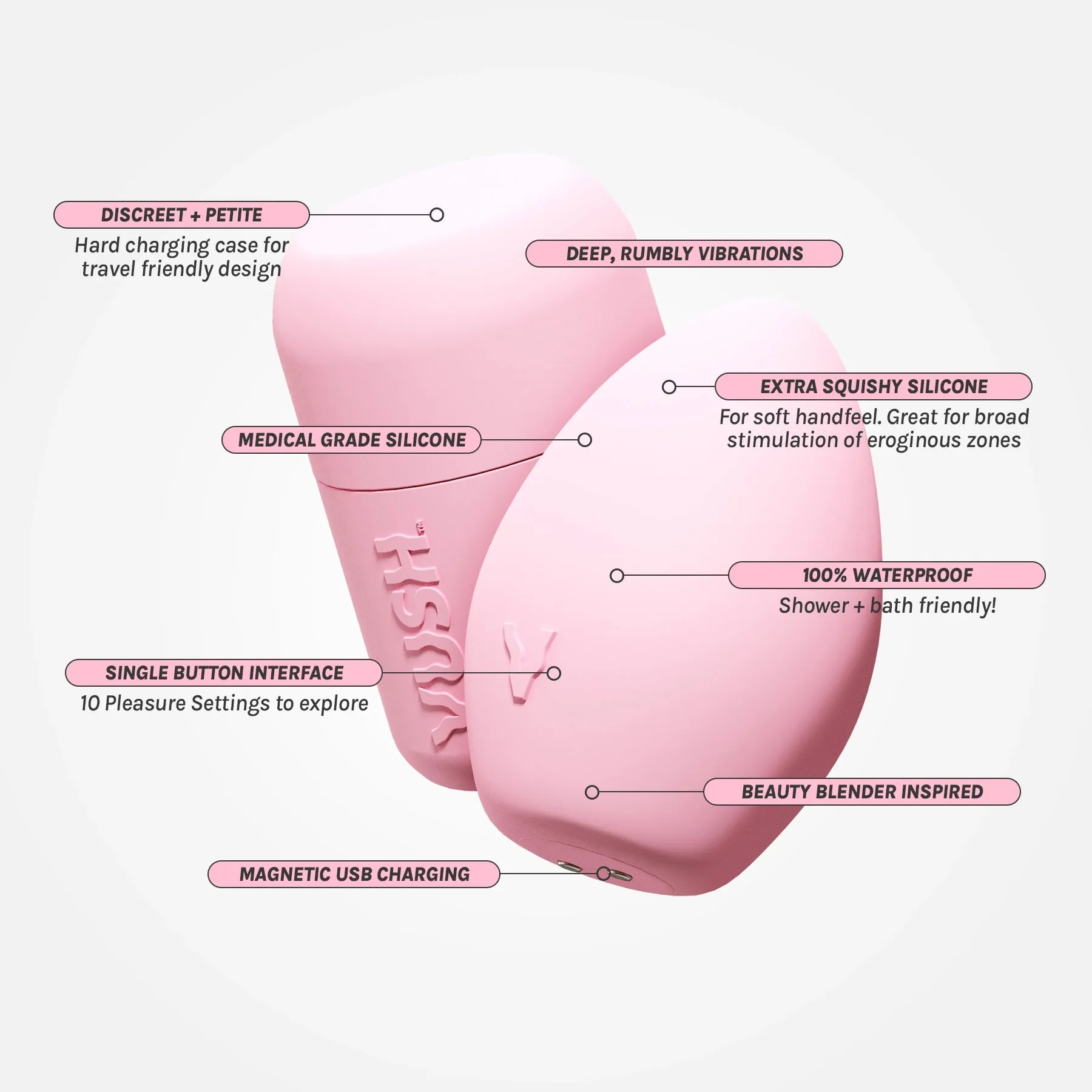 Plump - Compact   Rechargeable Pink Palm Vibrator with Travel Case