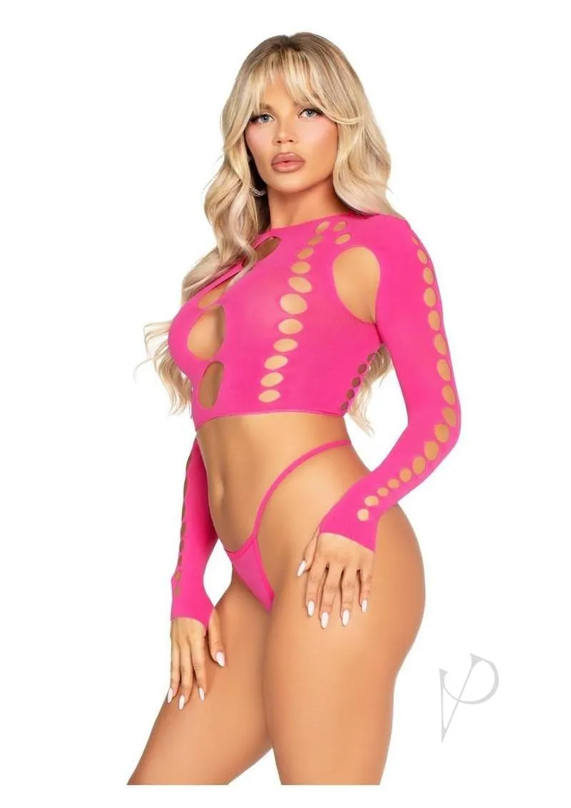 Seamless Cut Sleeve Crop Gstring 2pc Pnk