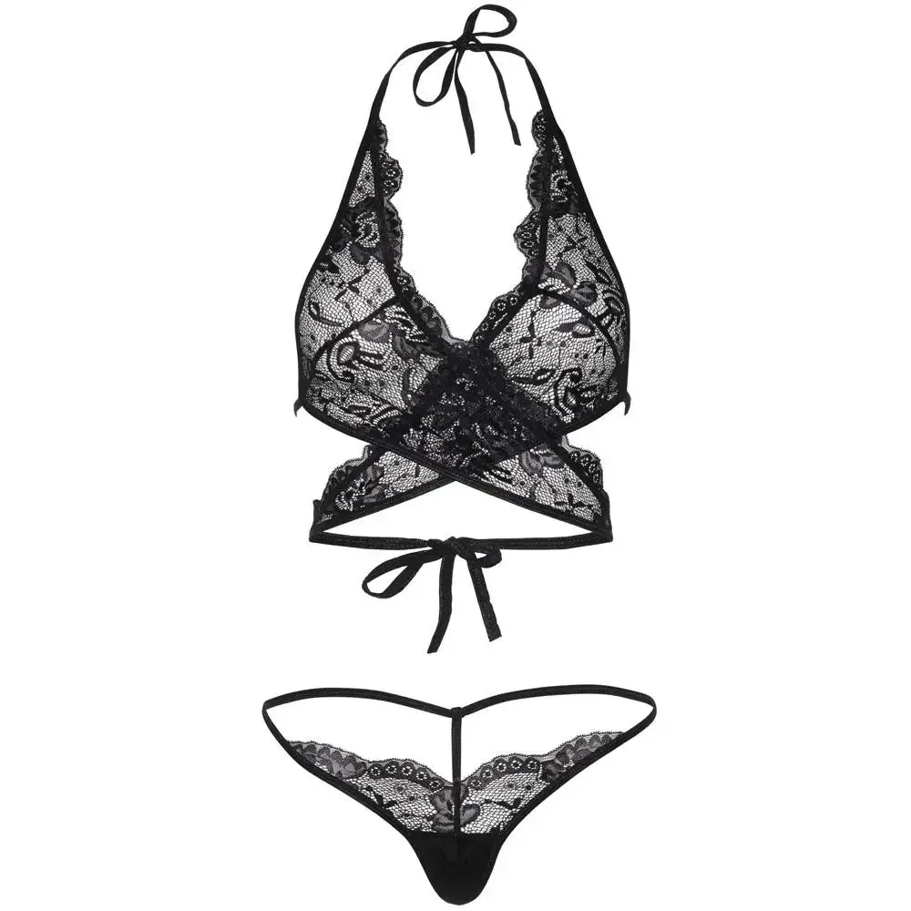 Sexy See-through Black Lace Wrap-around Top and G-string Thong