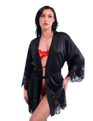 Short Satin Kimono Robe w. Eyelash Lace Sleeves