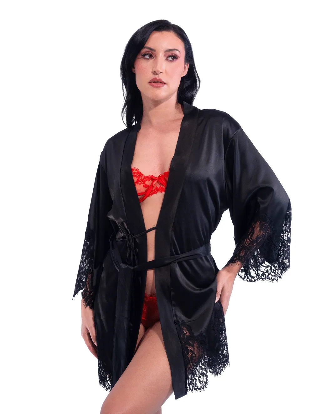 Short Satin Kimono Robe w. Eyelash Lace Sleeves