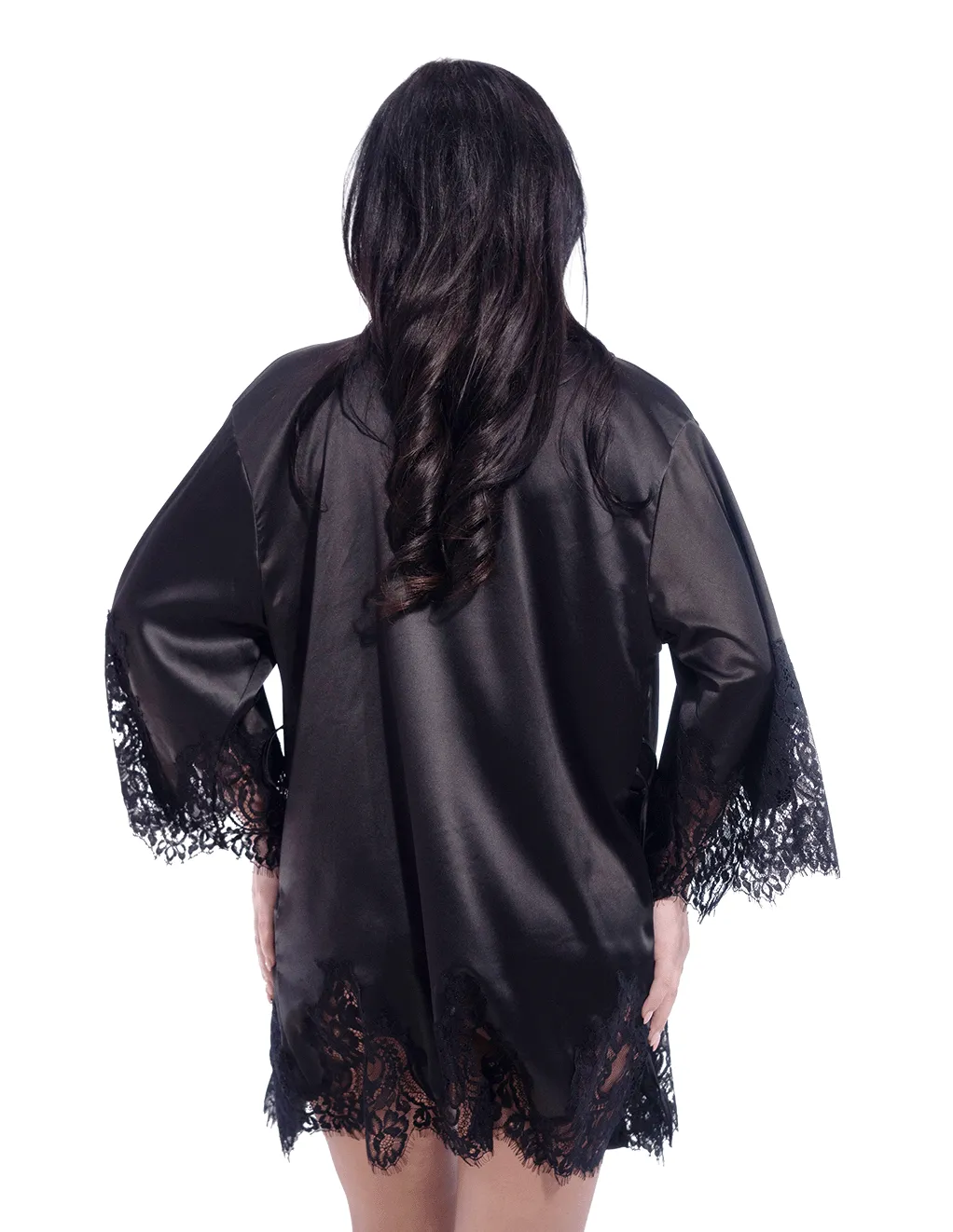Short Satin Kimono Robe w. Eyelash Lace Sleeves