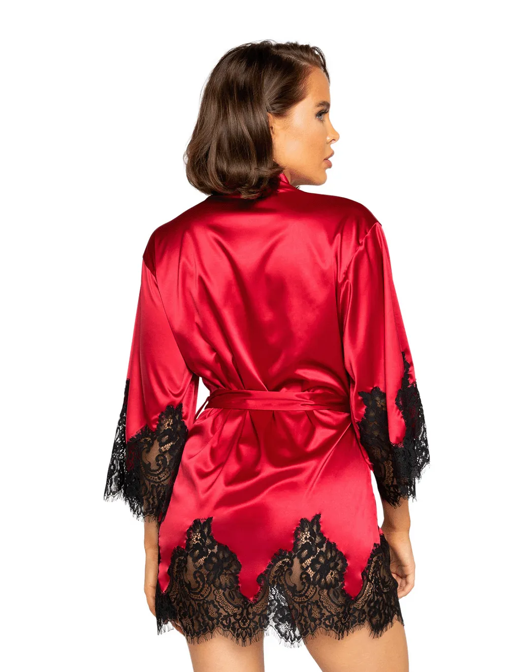 Short Satin Kimono Robe w. Eyelash Lace Sleeves