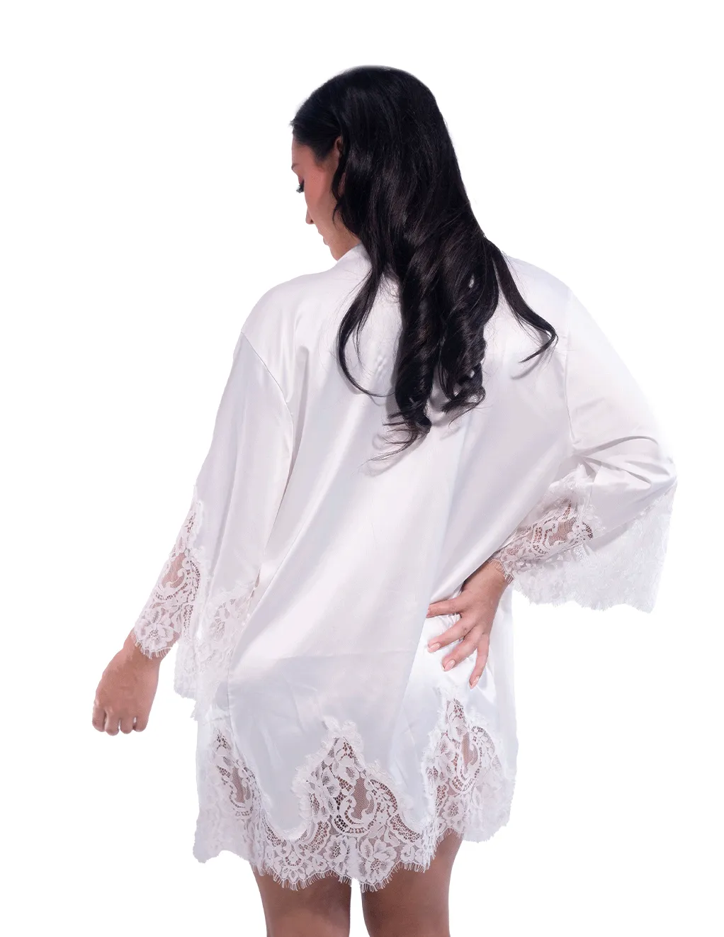 Short Satin Kimono Robe w. Eyelash Lace Sleeves