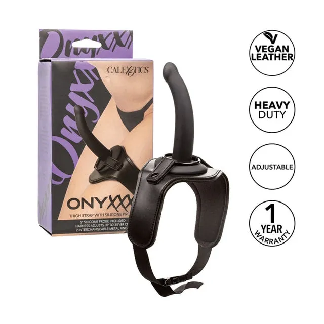 Strap-on pentru picior CALEXOTICS Onyxxx Thigh Strap with Silicone Probe. cu dildo inclus. lungime 12.7 cm. negru