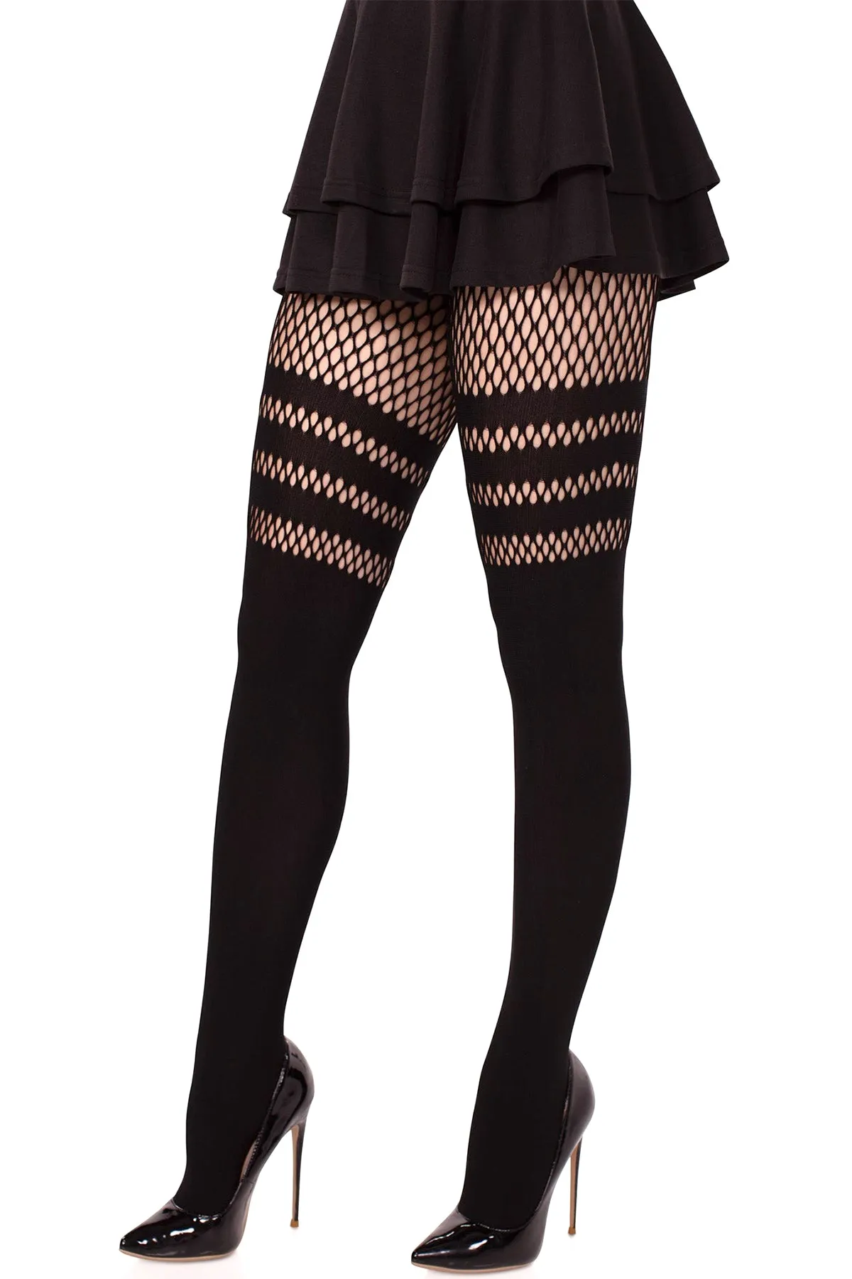 Striped Fishnet Faux Garter Pantyhose