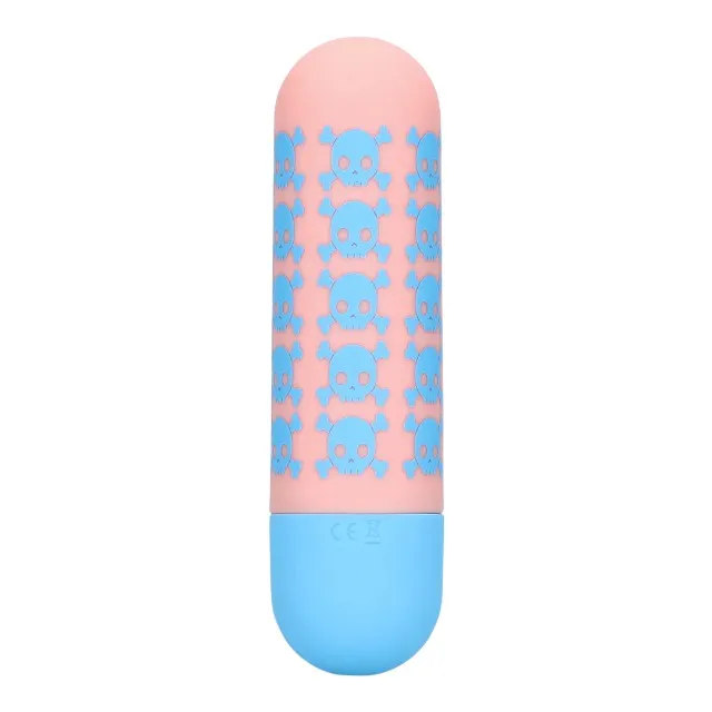 Vibrator bullet S-LINE Bone to be Wild. pentru stimularea clitorisului. design cu cranii. 10 funcții de vibrație. roz cu albastru