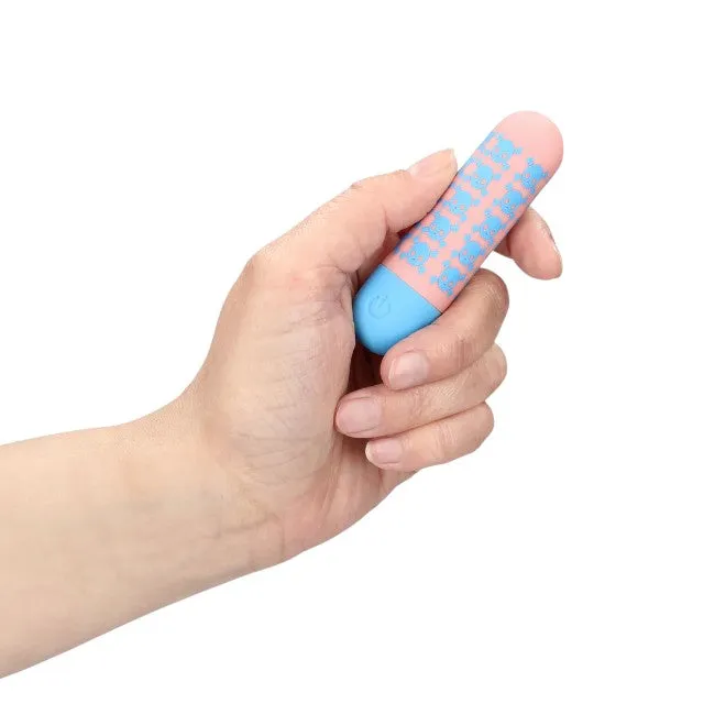 Vibrator bullet S-LINE Bone to be Wild. pentru stimularea clitorisului. design cu cranii. 10 funcții de vibrație. roz cu albastru