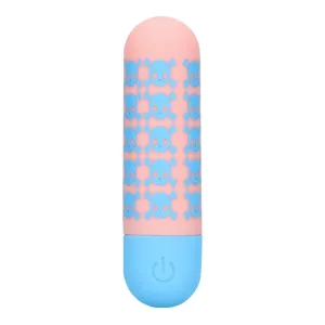 Vibrator bullet S-LINE Bone to be Wild. pentru stimularea clitorisului. design cu cranii. 10 funcții de vibrație. roz cu albastru