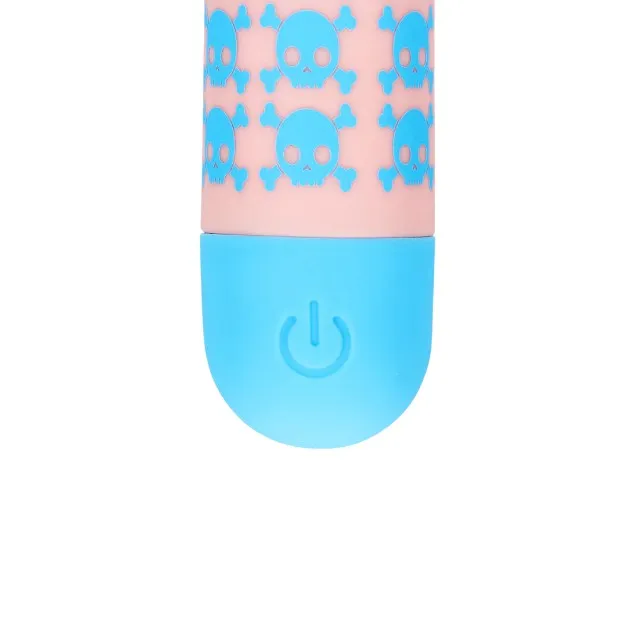 Vibrator bullet S-LINE Bone to be Wild. pentru stimularea clitorisului. design cu cranii. 10 funcții de vibrație. roz cu albastru
