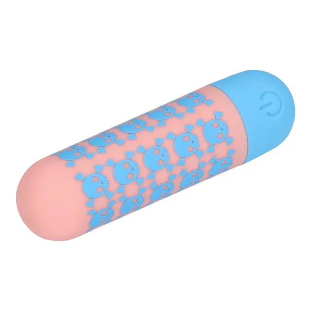 Vibrator bullet S-LINE Bone to be Wild. pentru stimularea clitorisului. design cu cranii. 10 funcții de vibrație. roz cu albastru