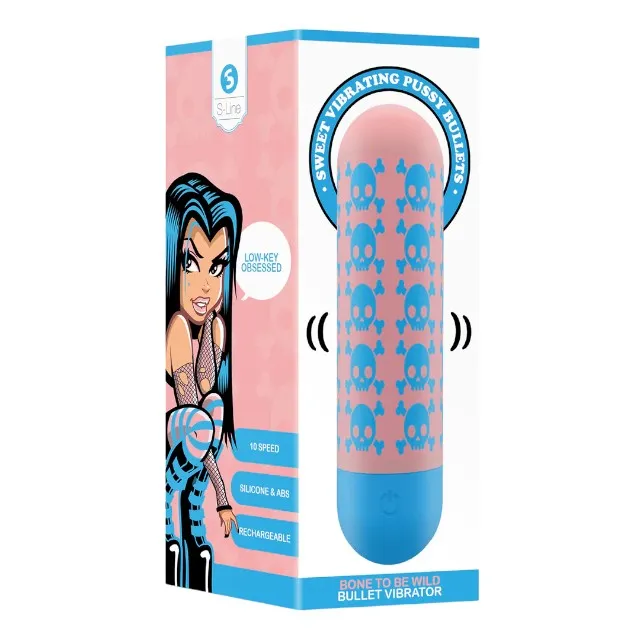 Vibrator bullet S-LINE Bone to be Wild. pentru stimularea clitorisului. design cu cranii. 10 funcții de vibrație. roz cu albastru