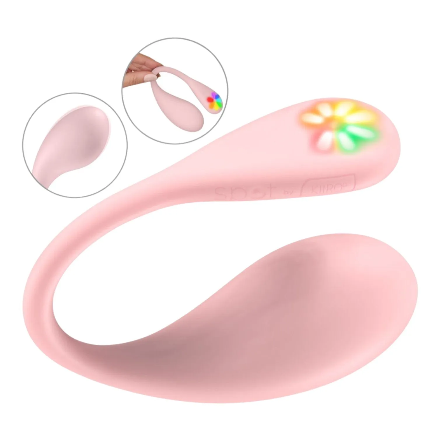 Vibrator interactiv KIIROO SPOT. cu lumini LED curcubeu. control prin aplicație. 6 funcții de vibrație. rezistent la apă. roz