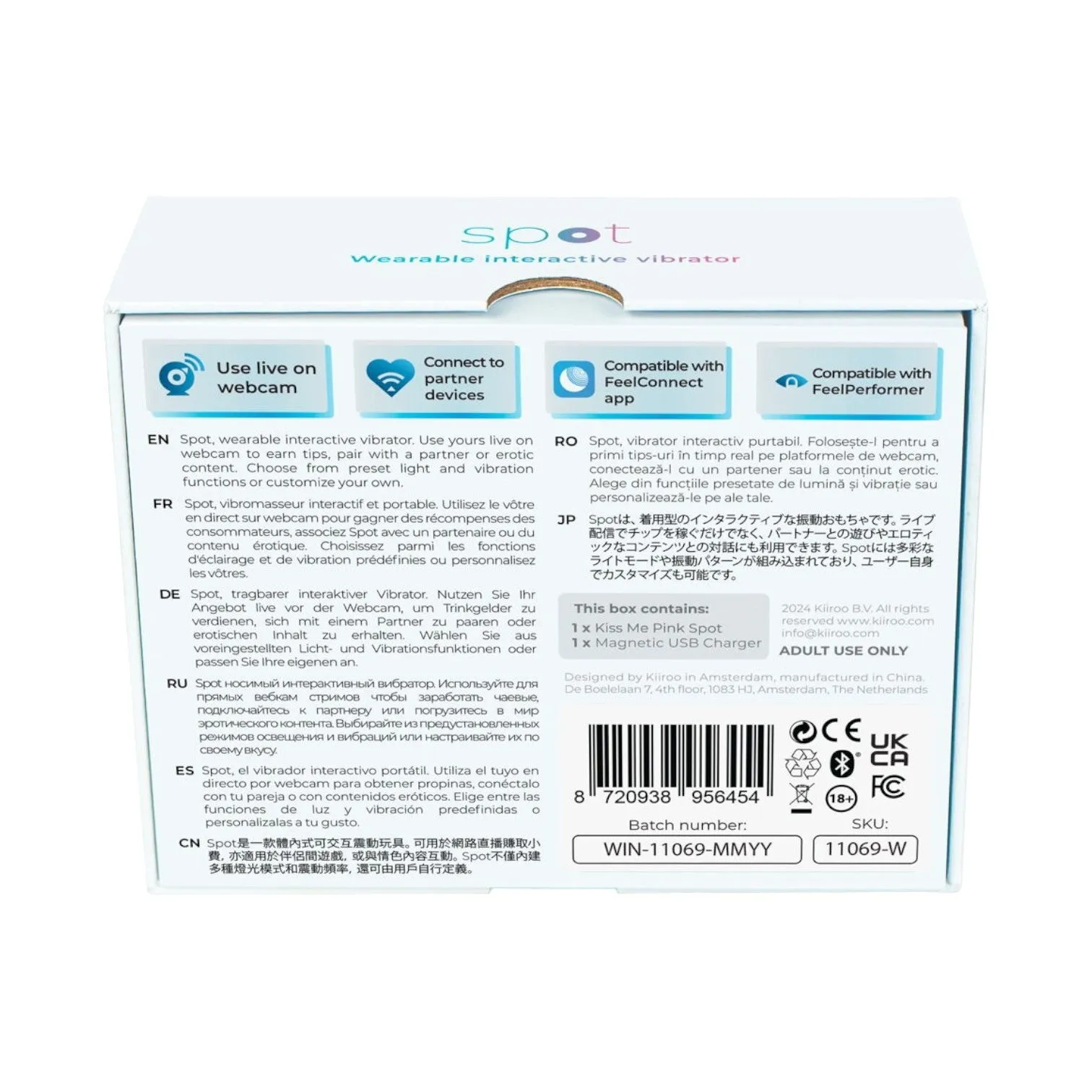 Vibrator interactiv KIIROO SPOT. cu lumini LED curcubeu. control prin aplicație. 6 funcții de vibrație. rezistent la apă. roz